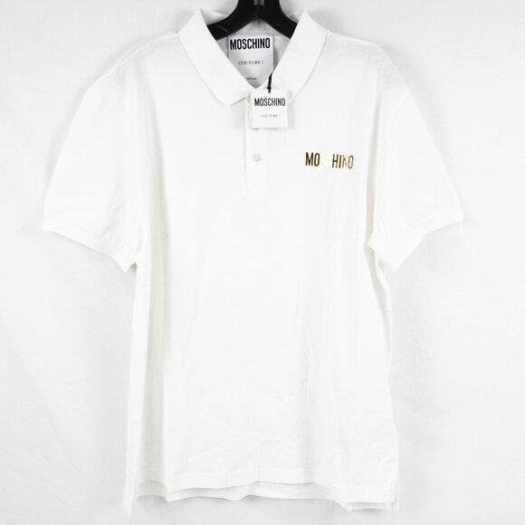 Moschino Logo Polo Shirt In White And Gold Men's Size US 40/EU 50 NWD - Picture 1 of 12